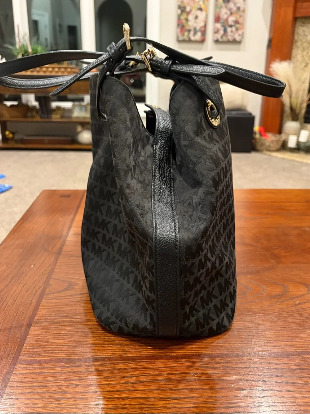 Like New!!Michael Kors Black MK Logo Snap-close-strap Purse with Gold Hardware